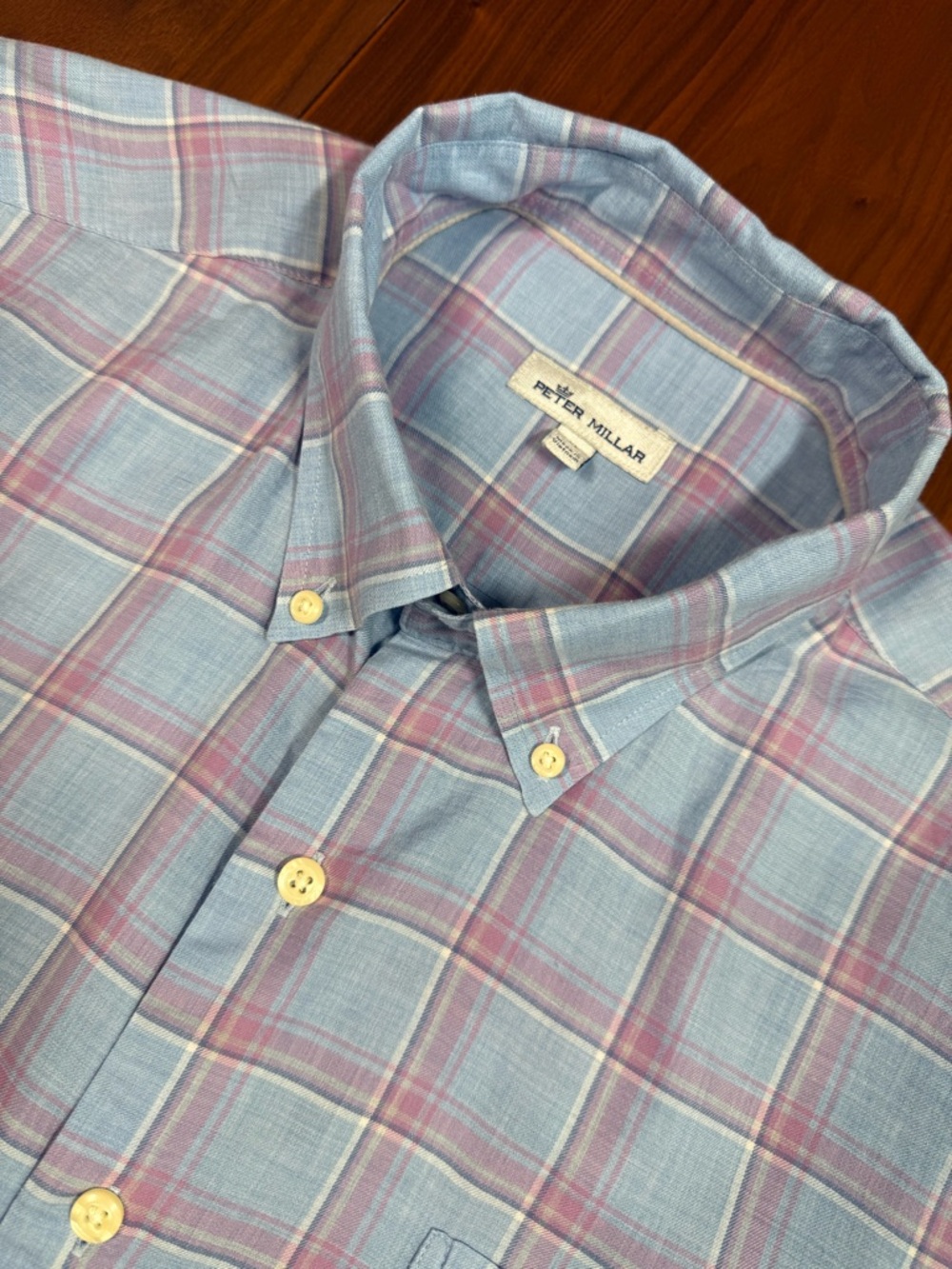Peter Millar Blue and Pink Plaid Button-Down Shirt
